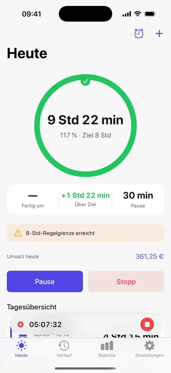 Heute-Bildschirm von Tyempo: Fortschrittsring mit 9 Std 22 min, Pause und Stopp