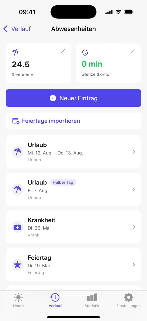 Abwesenheiten mit Resturlaub, Urlaubstagen, Krankheit und Feiertag