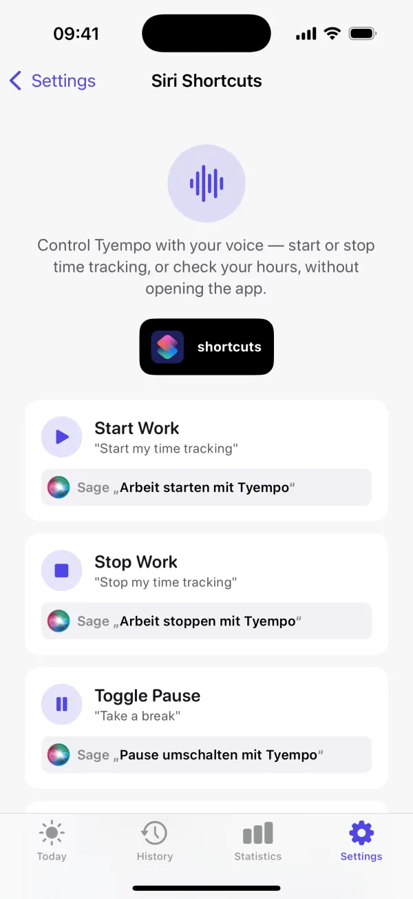 Siri shortcuts to start, stop and pause time tracking