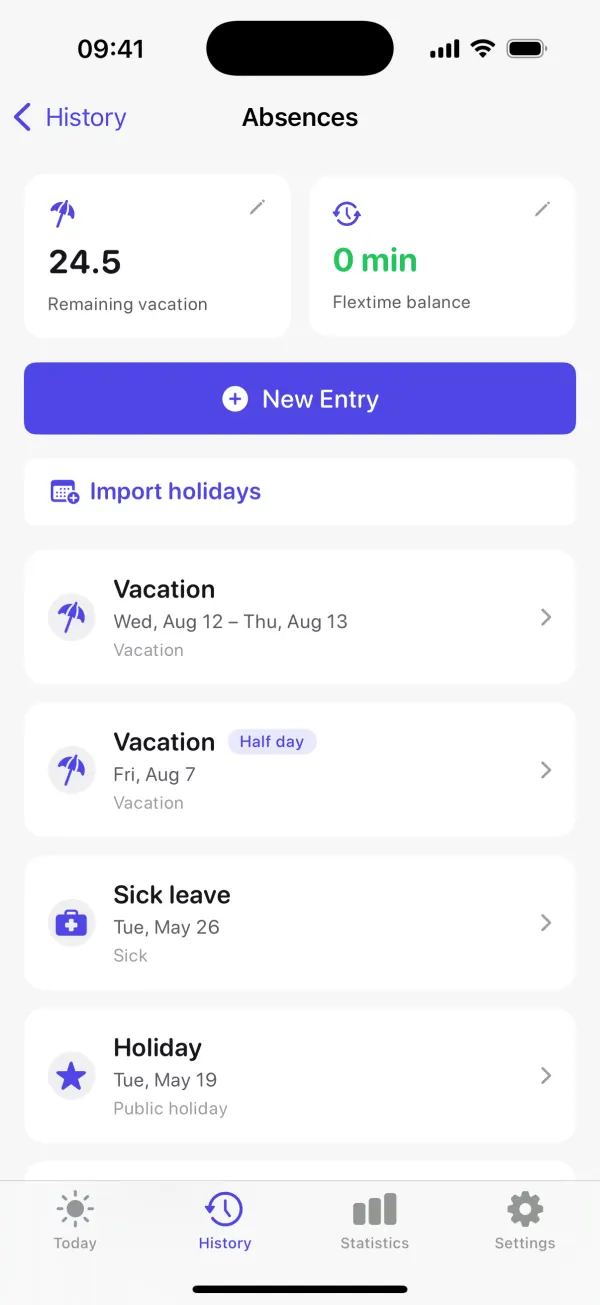 Absences with remaining vacation, vacation days, sick leave and a public holiday