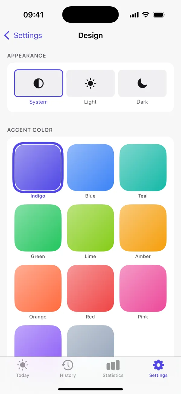 Design settings with light and dark mode and accent colors
